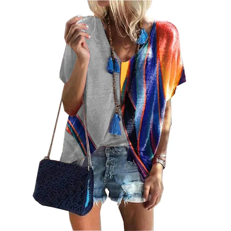 

Ladies t Shirts Top Women's Short-Sleeved T-Shirt Printed Summer Loose Hedging V-Neck Casual Streetwear Outdoor Clothing 2021