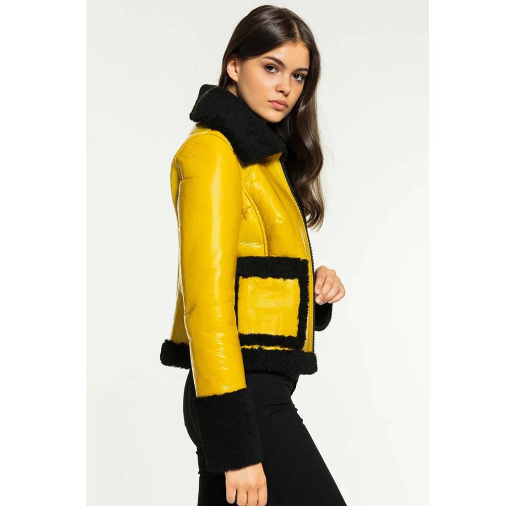 2019 New Womens Casual Shearling Coat Turkey Yellow Leather Jacket Short Fur Jacket Womens Winter Coats