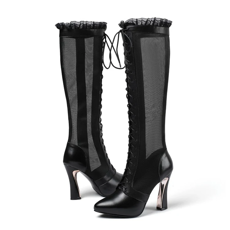 

MLJUESE 2021 women Knee-High boots Cow leather Winter short plush Pointed Toe Cutouts Super High heels female boot size 40