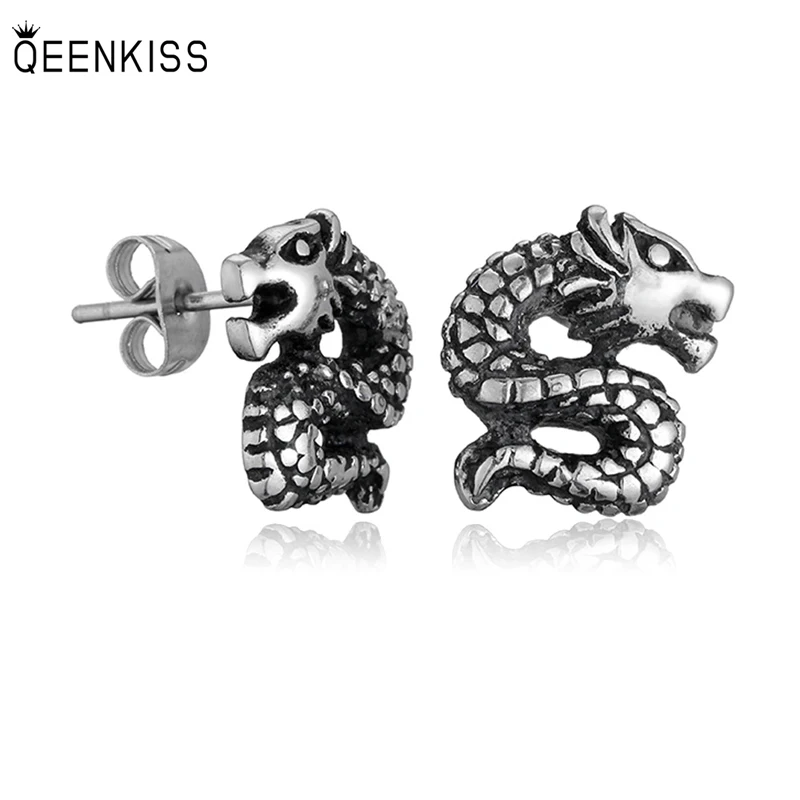 

QEENKISS EG8268 Fine Jewelry Wholesale Fashion Woman Man Birthday Wedding Gift Retro Hiphop Dragon Titanium Steel Stud Earrings