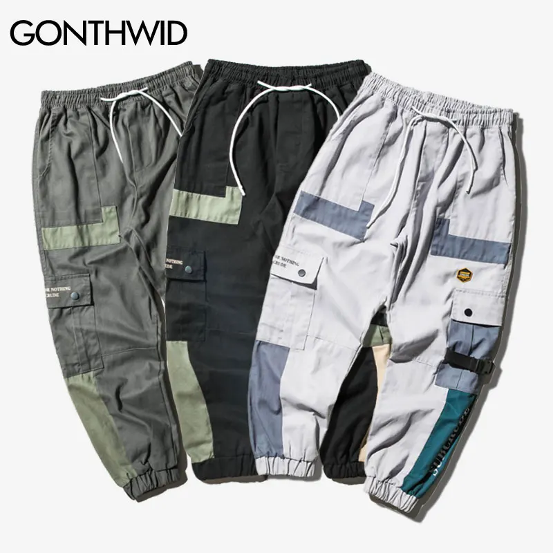 

GONTHWID Multi Pockets Color Block Patchwork Cargo Harem Joggers Pants Streetwear Harajuku Hip Hop Casual Sweatpants Trousers