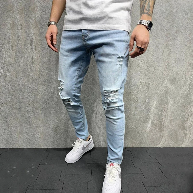 

Designer Vintage blue Men Jeans Ripped Destroyed Hole Skinny Slim Motorcycle jeans Denim Trousers Brand Clothing