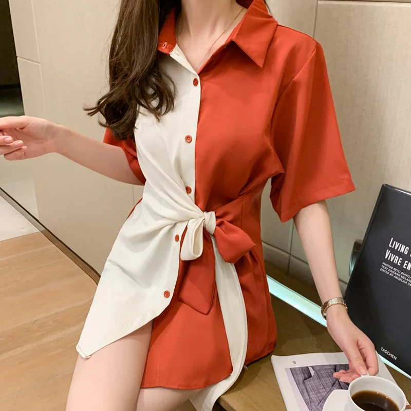 

2021 new spring and summer fashion temperament color contrast splicing waist short sleeve design sense Chiffon medium length