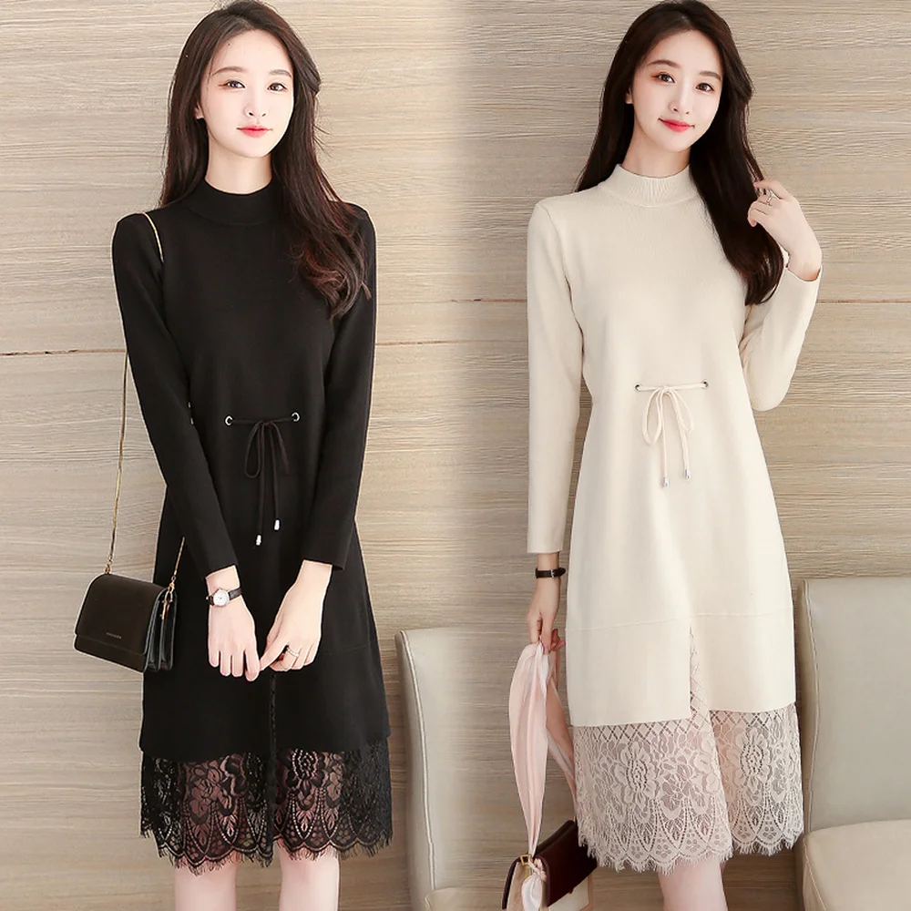 

High Quality Bottomed Wool Dress Women's Autumn Winter New Lace Inner Knitted Dress with Coat Hot Selling Dress for Women