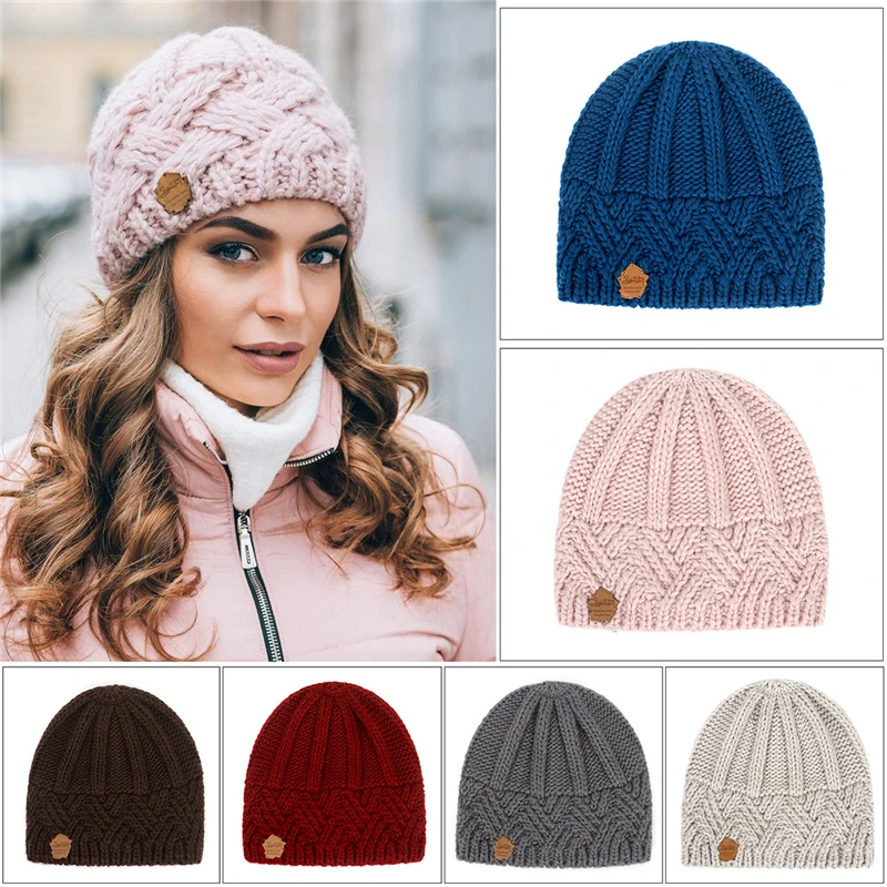 

Knitted Acrylic Hats For Women Female Vintage Winter Soft Mohair Crochet Outdoor Ski Solid Beanie Cap With Cross Vertical Stripe