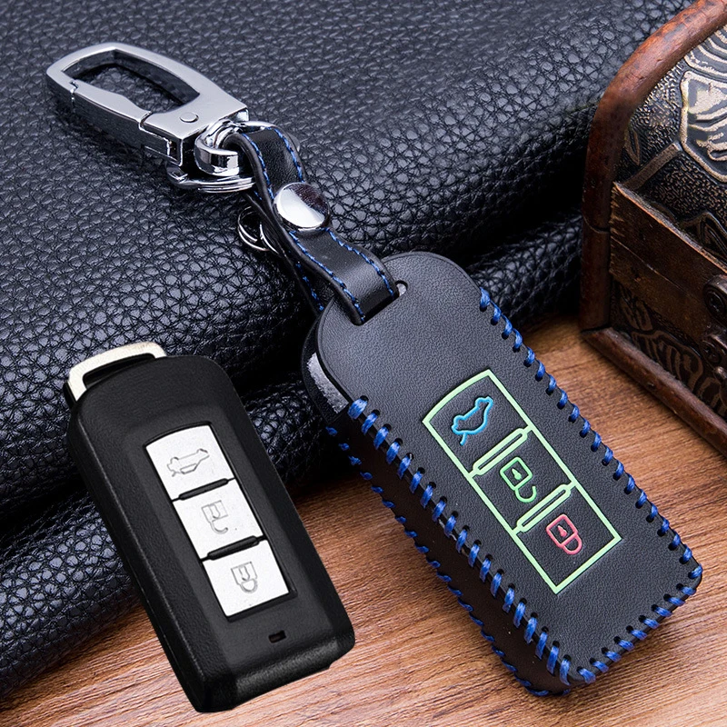 

Hand Stitched Luminous Leather Car Key Case Cover for Mitsubishi Outlander Lancer 10 EX Colt Grandis Pajero Sport ASX L200