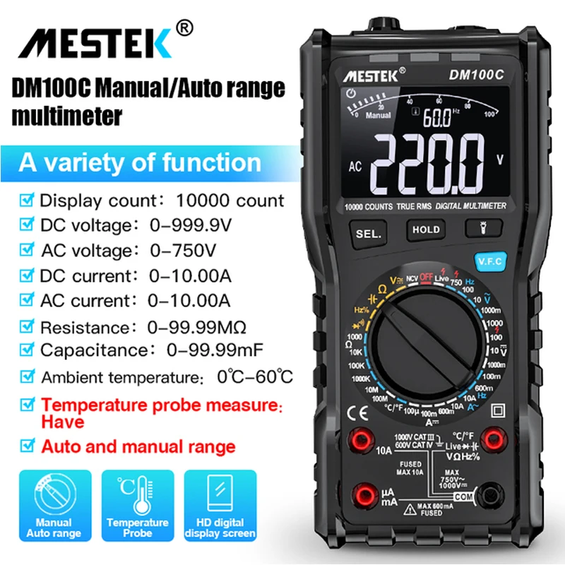 

Mestek 10000 Counts Multimeter High Precision DM100C Temperature Measure NCV Resistance Capacitance DM100 Humidity Multi Meter