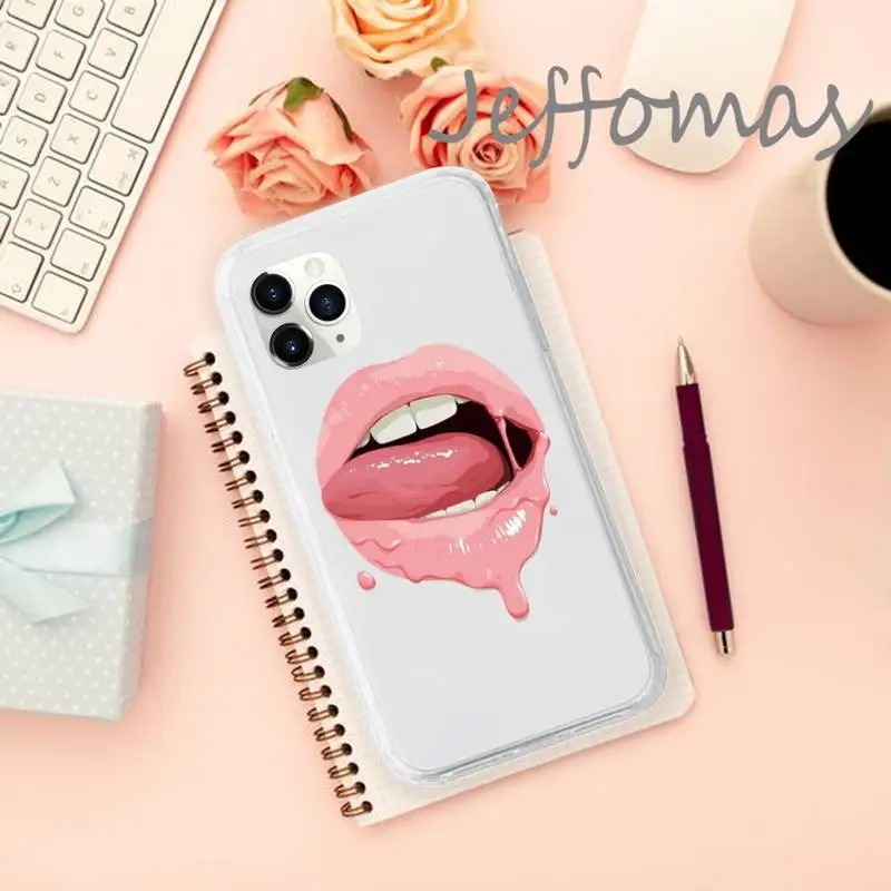 

Sexy lips lipstick fashion Phone Case Transparent for iPhone 11 12 mini pro XS MAX 8 7 6 6S Plus X 5S SE 2020 XR