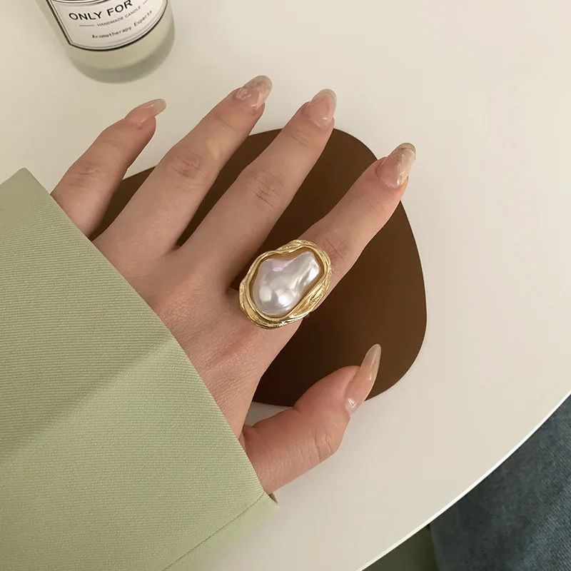 

New Fashion Geometrical Irregular Baroque Pearl Ring for Women Retro Open Resizable Index Finger Rings Party Jewelry