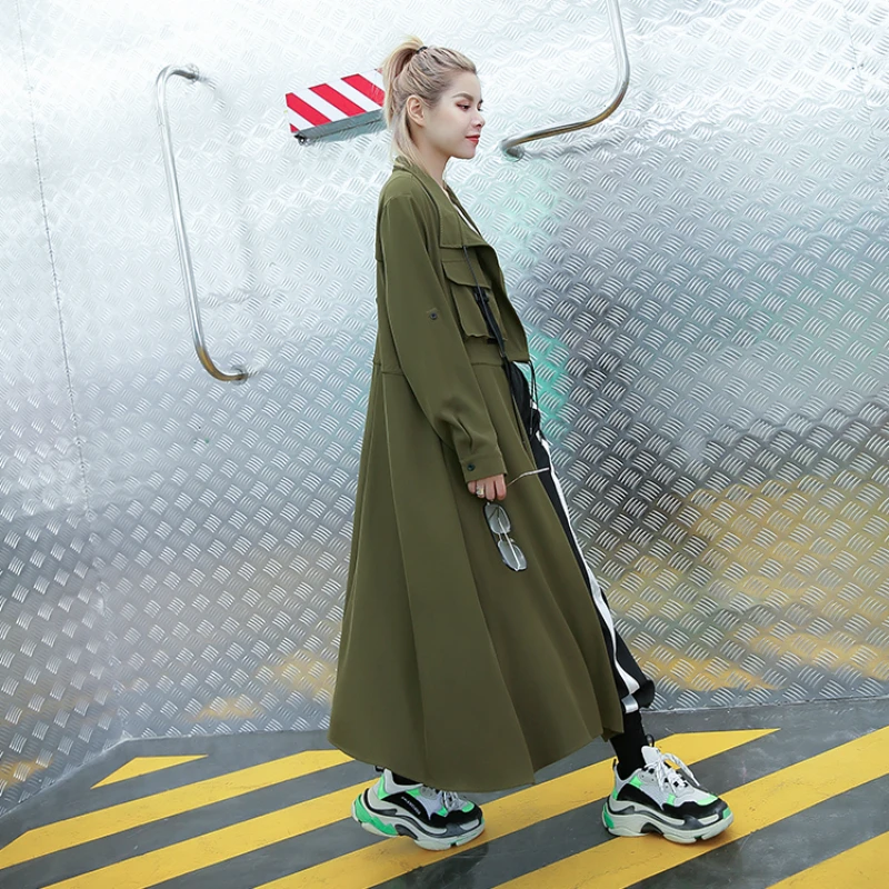 Женское длинное пальто-Тренч зеленый Плетеный плащ в Корейском стиле с лентами и