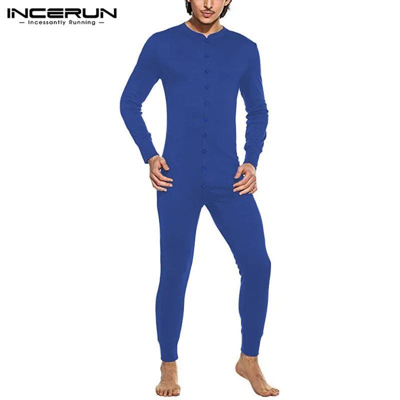 INCERUN Autumn Men Sexy Onesies Jumpsuits Pajama Long Sleeve Rompers Overalls Sleepwear Buttons Pyjamas Nightwear Mens Homewear