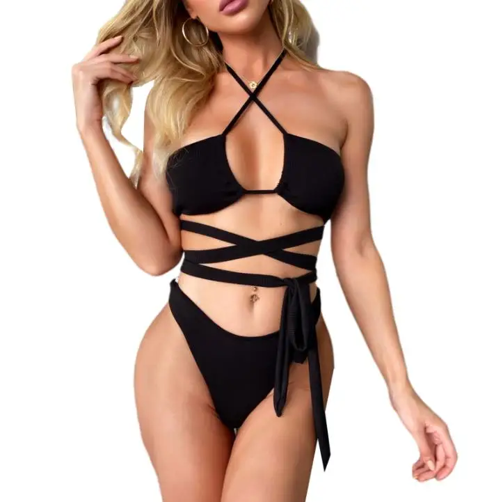 

Women Two-piece Swimming Clothes Set Black Solid Color Bikini Tops + Panties S/ M/ L