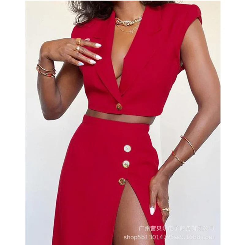 

WEPBEL Women Elegant Button Skirt Set Outfits Ladies Sexy Sleeveless V Neck Crop Top + High Split Long Skirt Two Piece Set
