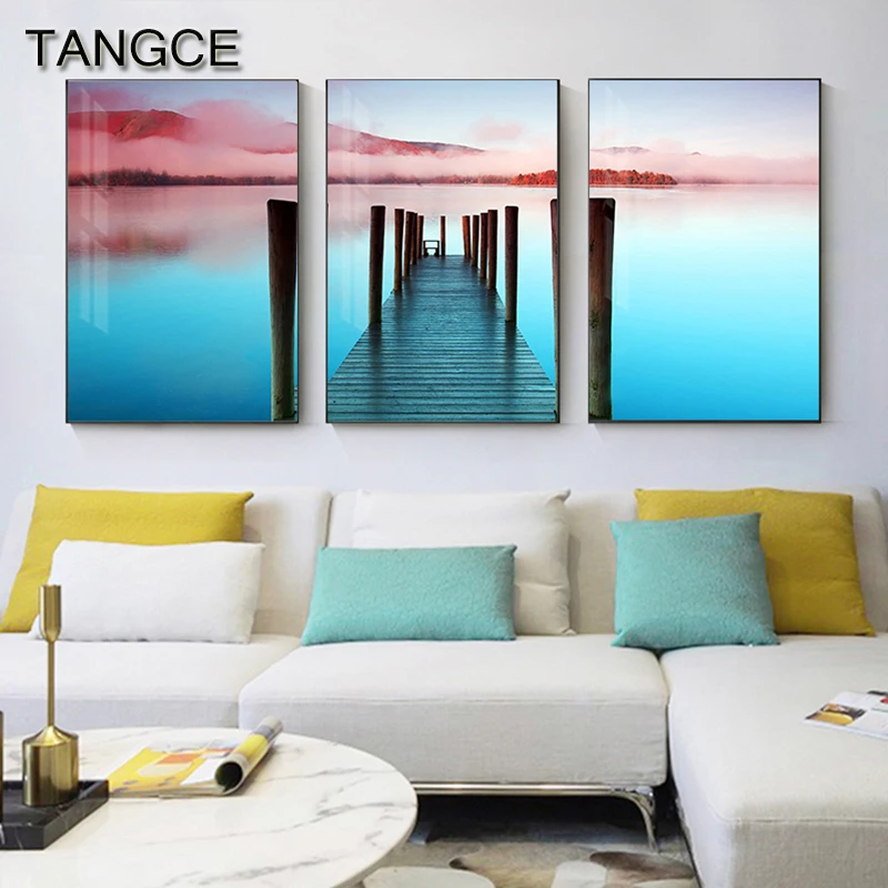 

Abstract Seascape Canvas Painting Nordic Bridge on Sea Posters Prints Blue Sea Wall Pictures for Living Room Fashion Home Decor