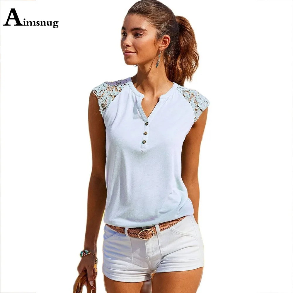 

2021 Summer Patchwork Lace Tops Single-Breasted Women Elegant Sleeveless T-Shirt Casual Pullovers Ladies V-Neck Tees Shirt Femme