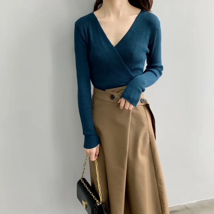 2019 осенний приталенный вязаный свитер с v-образным вырезом офисный женский