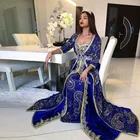 Роскошный синий марокканский кафтан вечернее платье с длинным рукавом Дубай женское вечернее платье на заказ большие размеры арабское вышитое бисером платье для выпускного вечера