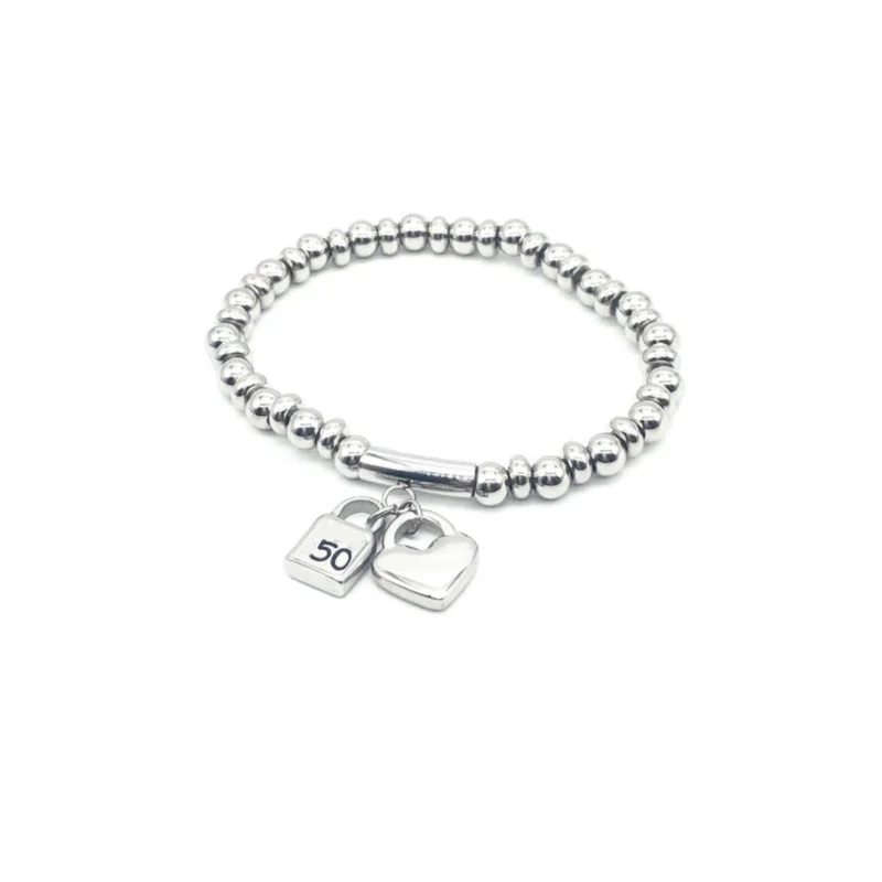

Fashion Simple Stainless Steel 6mm Flat Bead Chain Lock Love Heart Pendant Man Woman UNO Bracelet Jewelry