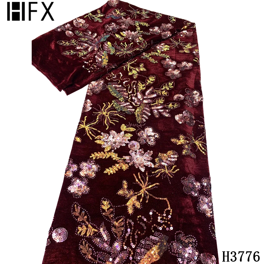

HFX 2020 New Arrived Velvet Tulle fabric lace Purple African Sequins Velvet lace fabrics For Nigeiran Wedding Party Dress F3905