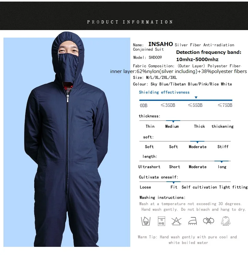 

Genuine INSAHO silver fiber EMF shielding overalls,shielding efficiency of 55DB radiation protective winter overalls ,SHD009.