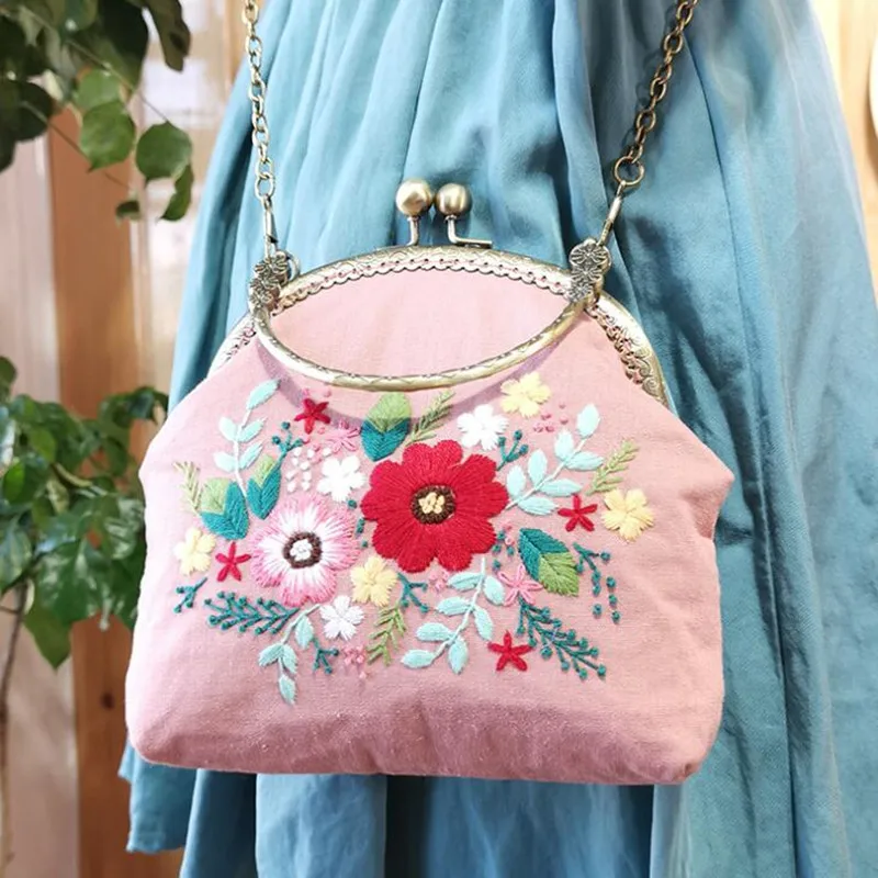 

16.5cm DIY Handcraft Needle Arts Portable Bag Messenger Bag 3D Embroidery Flowers Cross Stitch Kit