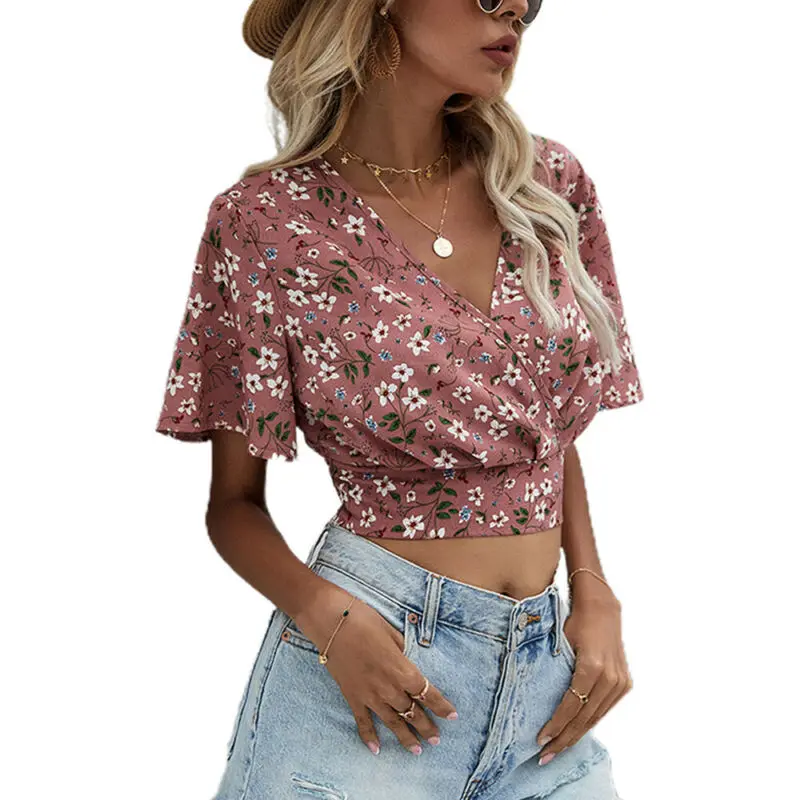 

Женская футболка с цветочным принтом, V-образным вырезом и коротким рукавом