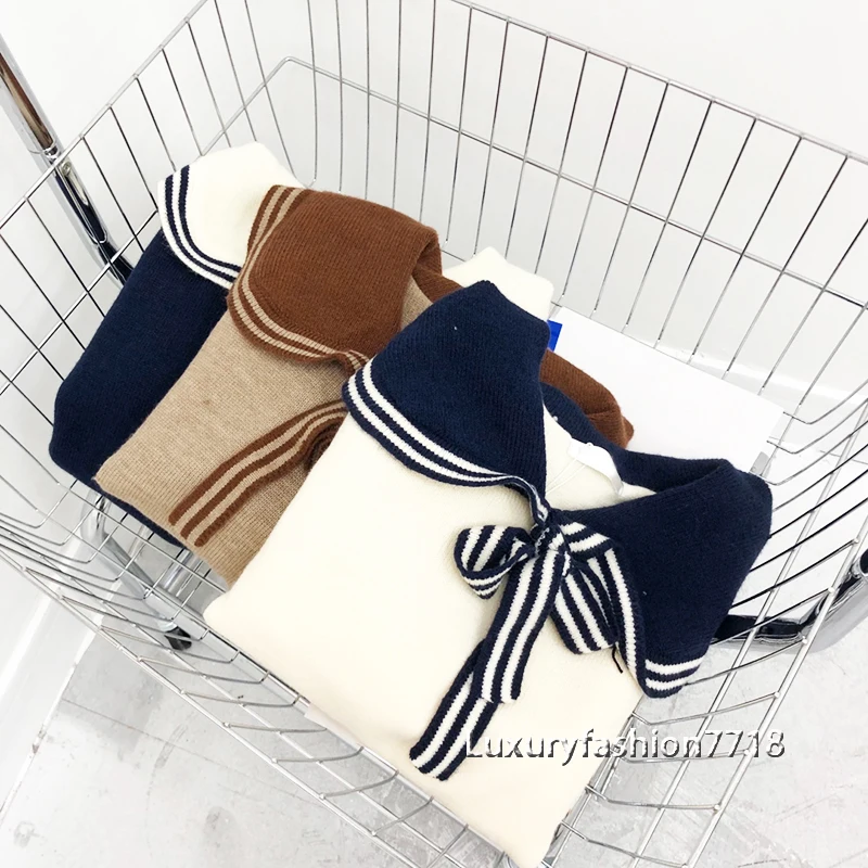 

New style fashion women clothes high end sweater Navy collar Bow knitting sweater long sleeve pullover casual woman sweaters