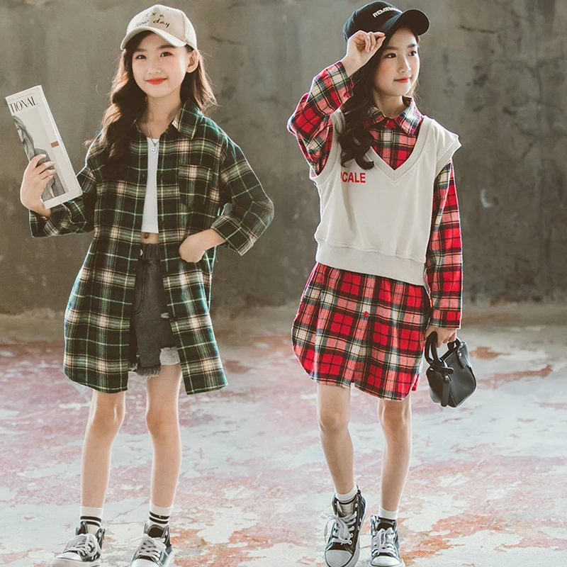 Детский спортивный костюм для школьниц 2020 комплект одежды детей клетчатая