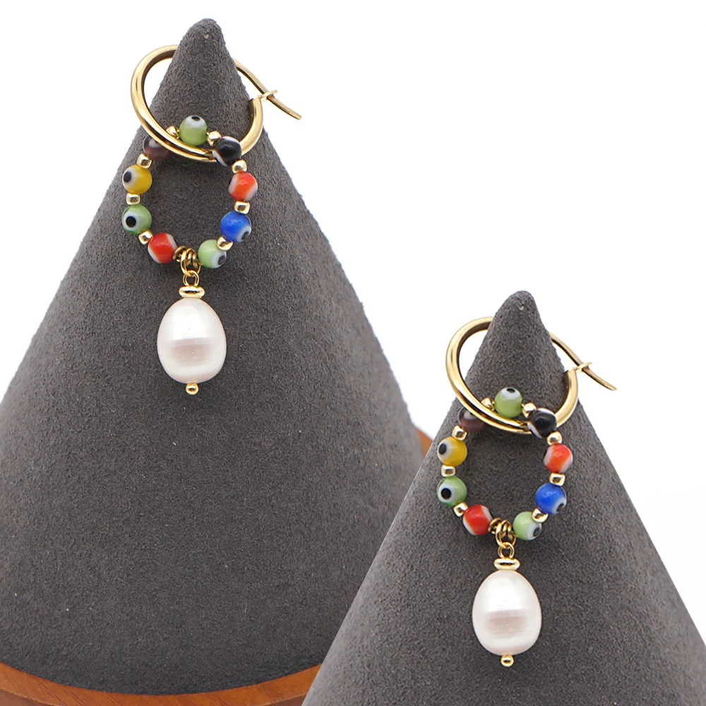 

Go2boho Rainbow Beads Pearl Earring Christmas Women Jewelry Handmade Stainless Steel Turkey Evileye Natural Pearl Earrings