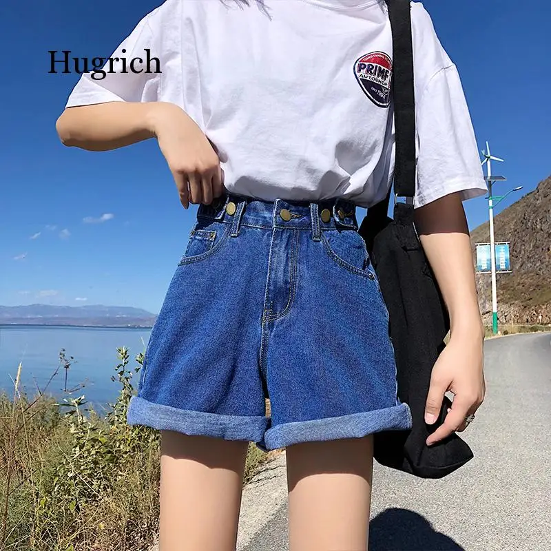 

Street Wear Womens Button High Waist Harajuku Denim Fold Wide Legs Blue Shorts Hot Sale 2021 Summer