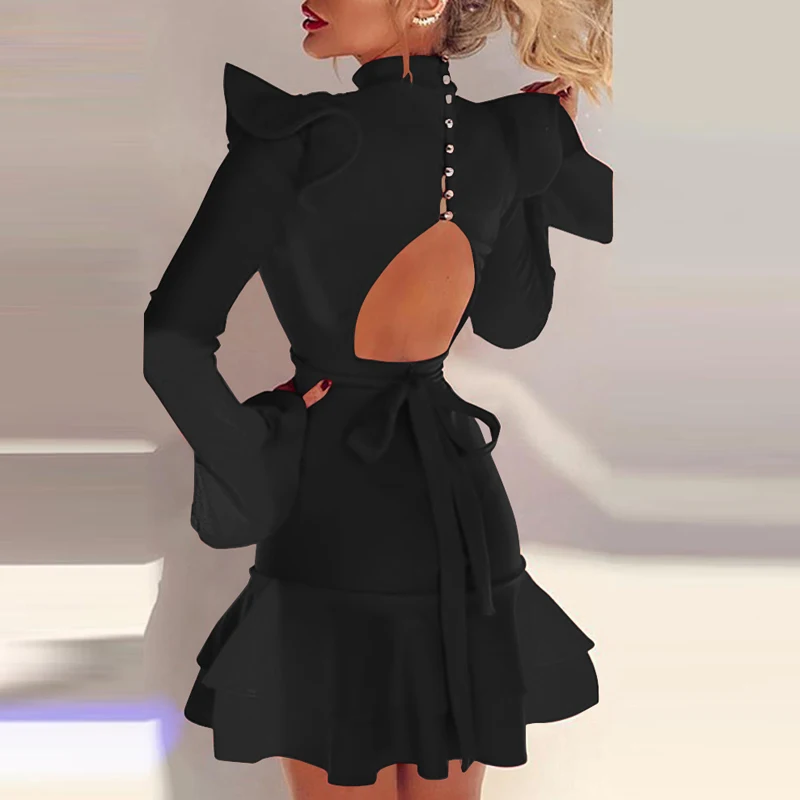 

Sexy Backless Lace-up Bandage Design Party Dress Women Elegant Button Ruffle Mini Dresses Spring Lady Retro Flare Sleeve Dress