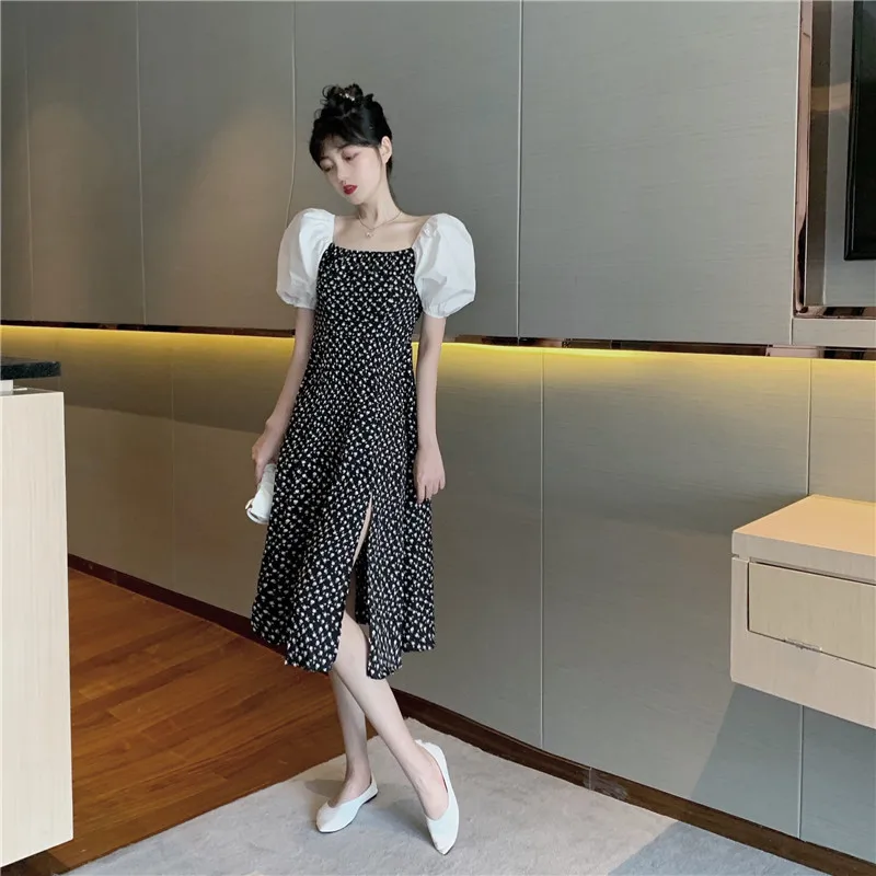 

COIGARSAM Floral Print Women dress Puff Sleeve Dresses Black 8059