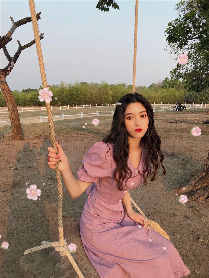 Летнее женское платье в Корейском стиле милое с короткими рукавами и воротником