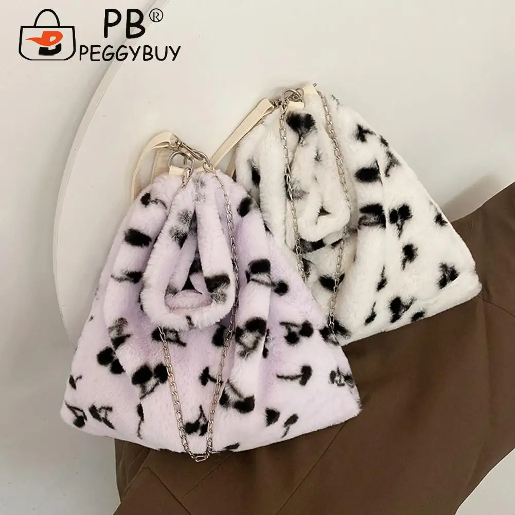 Fashion Women Plush Cherry Print Shoulder Bag Winter Chain Ladies Autumn Winter Fashion Female Shoulder Bag