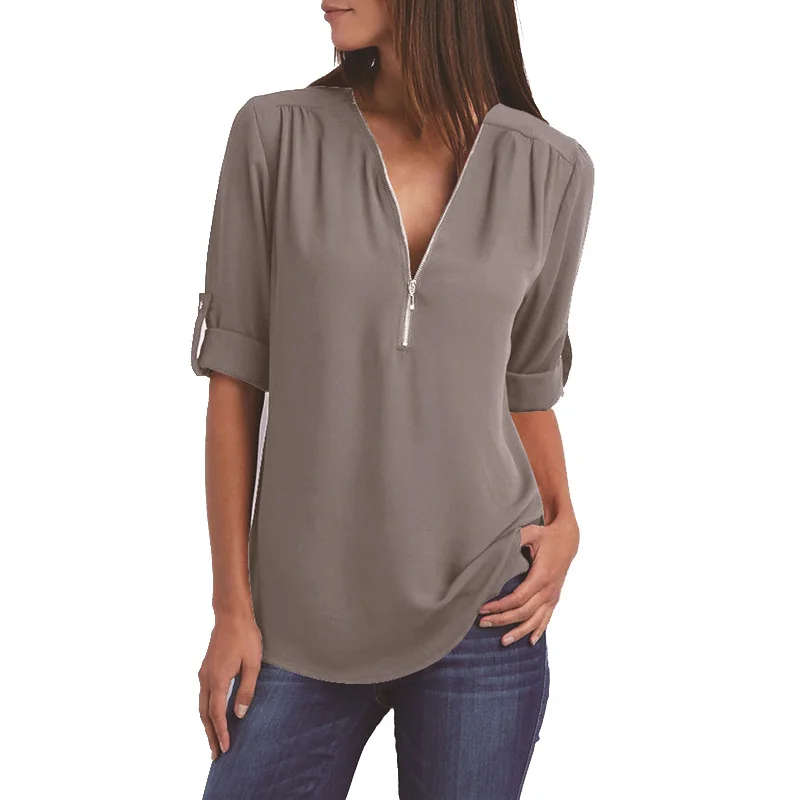 

Sexy Shirts V-neck Zipper Tops Summer Women Chiffon Blouses Casual Roll Up Sleeve female 3XL 4XL 5XL Plus Size Blouse