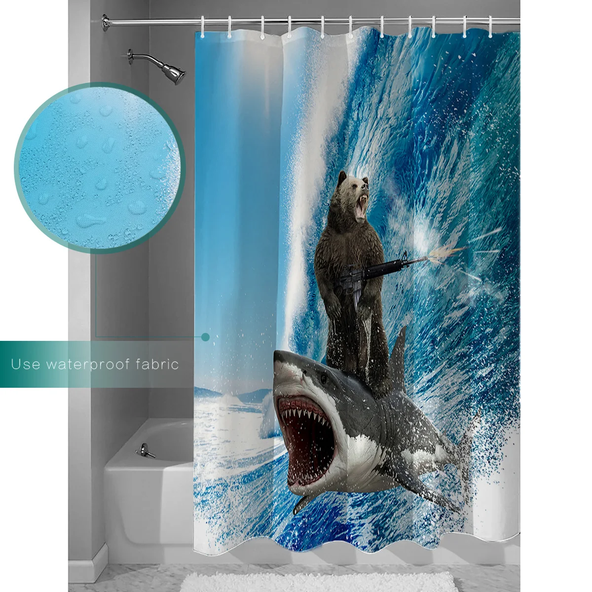 Funny Bear Shark Machine Gun Wave Waterproof Fabric Shower Curtain for Bathtub Showers Polyester Bathroom Accessories | Дом и сад
