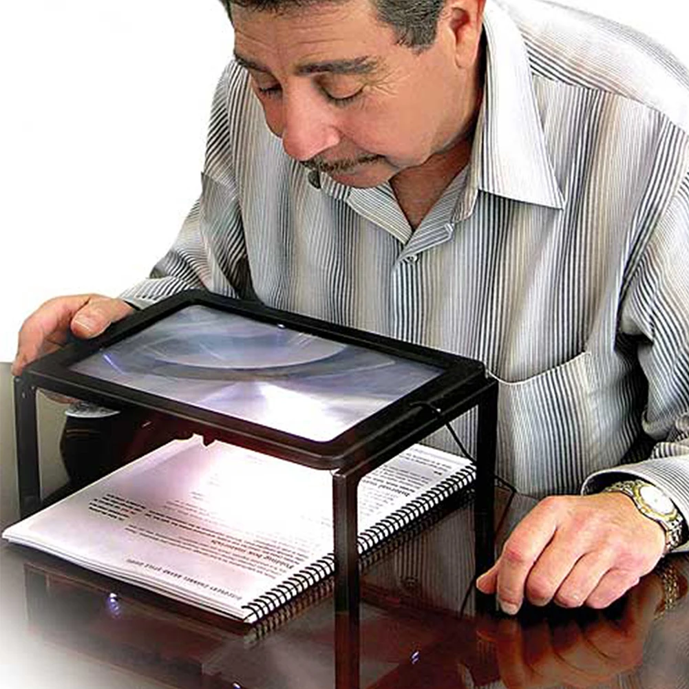

3X Loupe Magnifier Reading Glass Lens with 4-LED Lamps Lights Elderly Old People Reading Full Page Magnifier Battery Operated