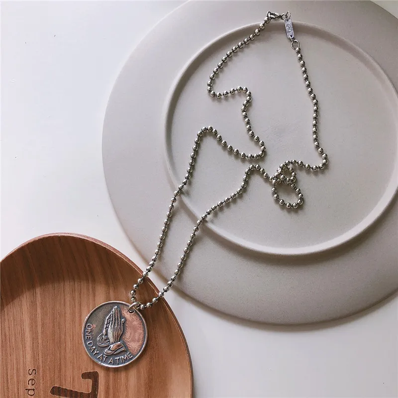 

RUIYI Vintage Religious Style 925 Sterling Silver Prayer of Faith Pendant Necklace Women Distressed Beads Chain Wedding Necklace