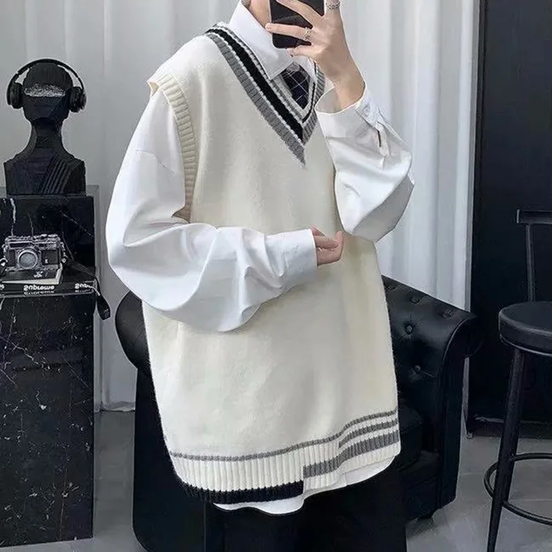 College Sweater Vests Men Couples Patchwork V-neck Sleeveless Knitwear Jumpers Male Fashion Simple Daily Warm Loose Streetwear | Мужская