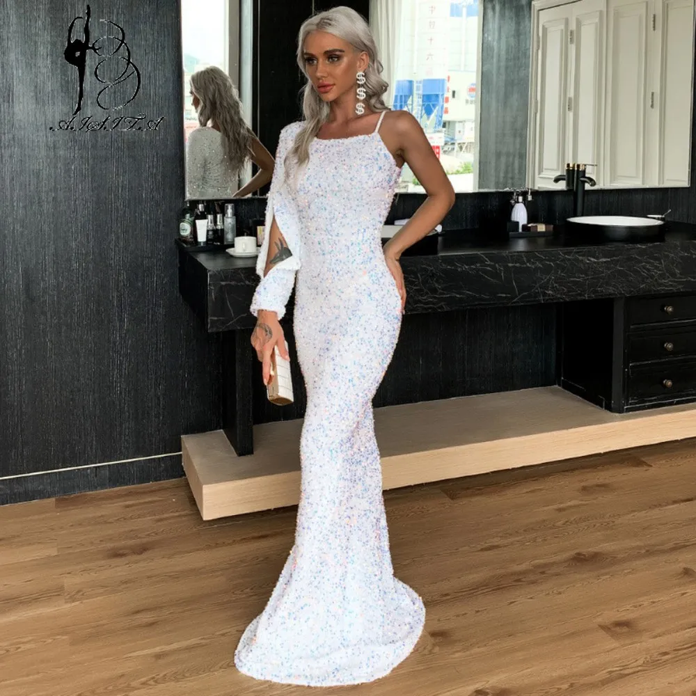 

Color Sequin Christmas Mermaid Evening Dresses Irregular Neck One-Shoulder Long Sleeve Floor Length Robe De Soirée فساتين السهرة