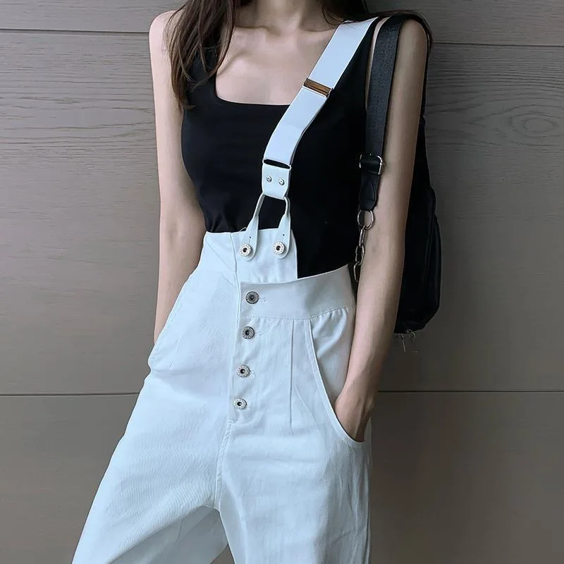 

2021 Fashion Femme Streetwear Casual Jeans Women High Waist Button Handsome White Overalls Female Korean Straight Denim Trousers