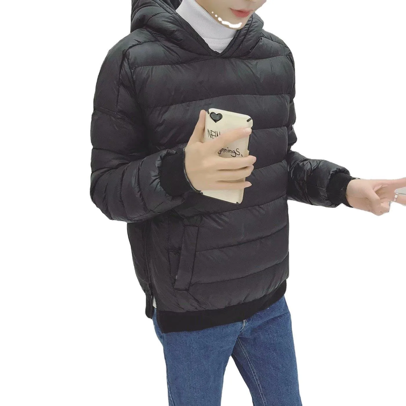 

New Winter Coat Men Men's Youth All-Match Solid Color Thick Hooded Pullover Sweater Padded Jacket Casual Black Jacket Men