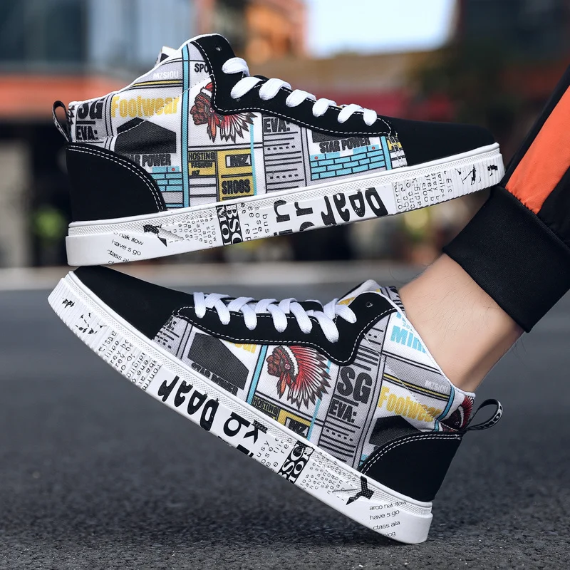

Fashion Graffiti Printed High top Sport Sneakers Men Flat Couples Sports Shoes Outdoor Comfortable Fabric Women Skateboard Shoes