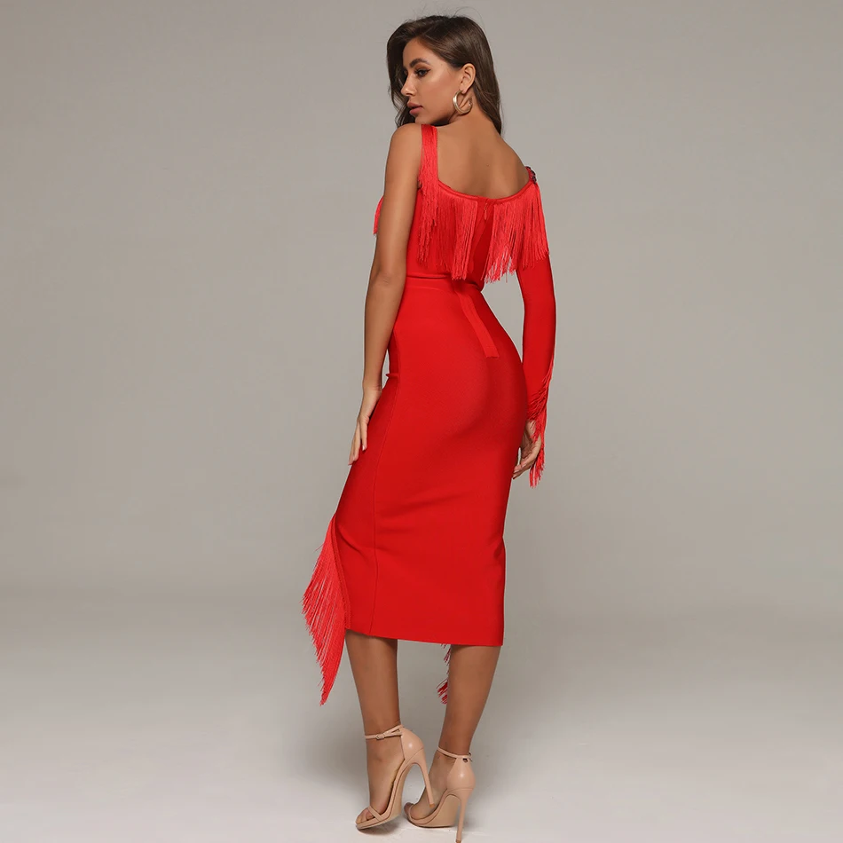 

Seamyla 2020 Summer Women Red Tassel Bodycon Bandage Dress Sexy Spaghetti Strap Midi Club Celebrity Runway Party Dresses Vestido