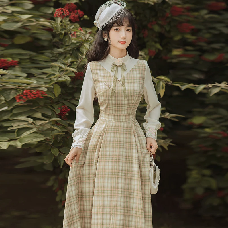 

2021Autumnnew patternRetroPlaidVersatileShow thinWomenDresses