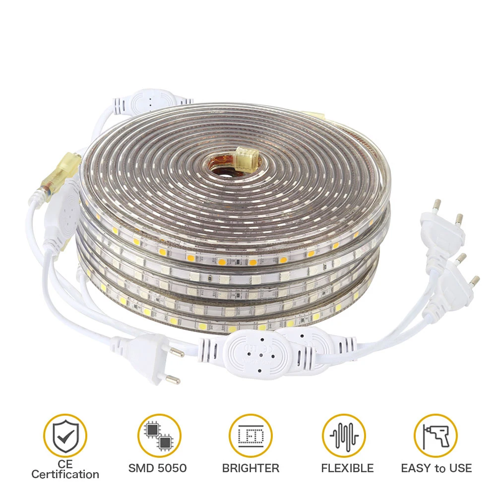 220V Светодиодные ленты светильник SMD 5050 Открытый Водонепроницаемый светодиодный ленты 60 Светодиодный s/M высокая яркость Крытый украшения новогодние гирлянды со штепсельной вилкой европейского стандарта