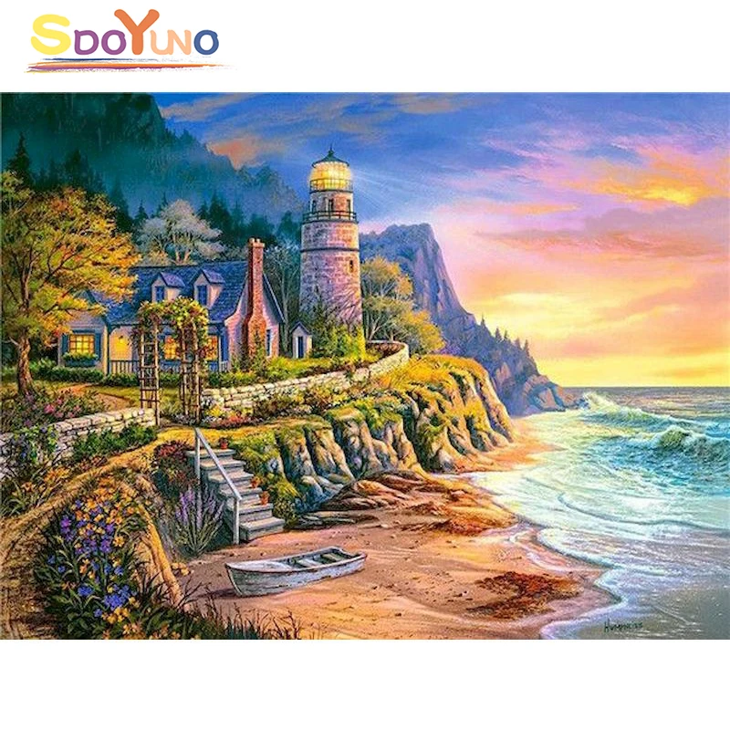 

SDOYUNO Painting By Numbers Beautiful Seaside Villa Scenery Acrylic Oil Painting HandPainted Art Gift DIY Picture Kit Home Decor