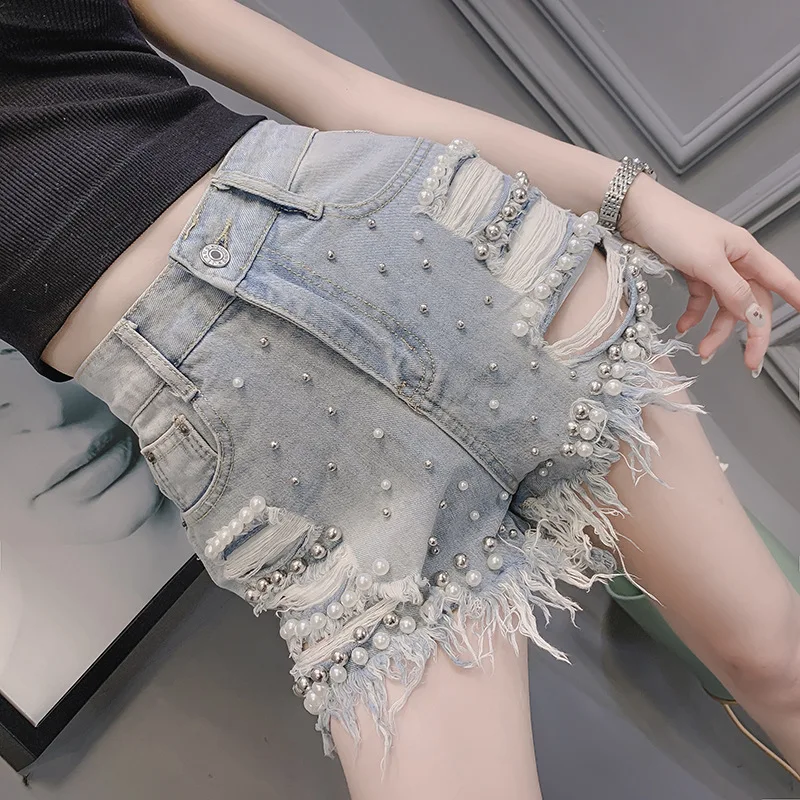 

Plus Size Women's Denim Shorts, Broken Holes, Fashionable Temperament, Pearl, Beading, Sanding, Hollow High-waist Denim Pants