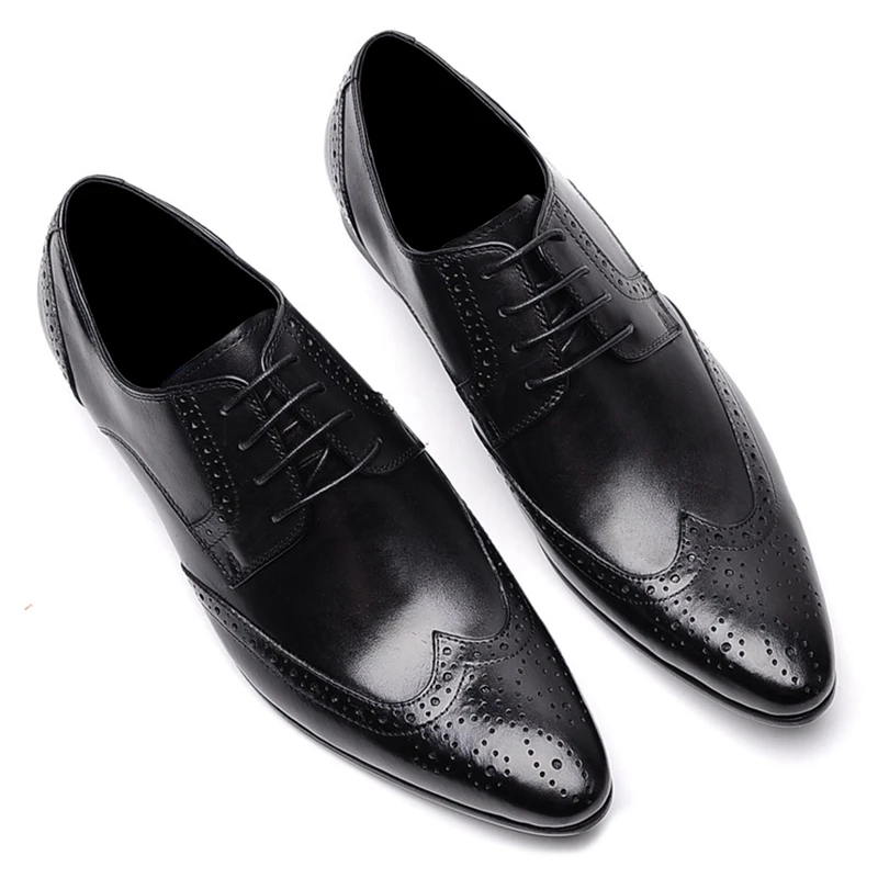 

Vintage Designer Genuine Leather Man Wingtip Brogues Shoes Pointed Laces Handmade Men's Derby Breathable Wedding Oxfords WF249