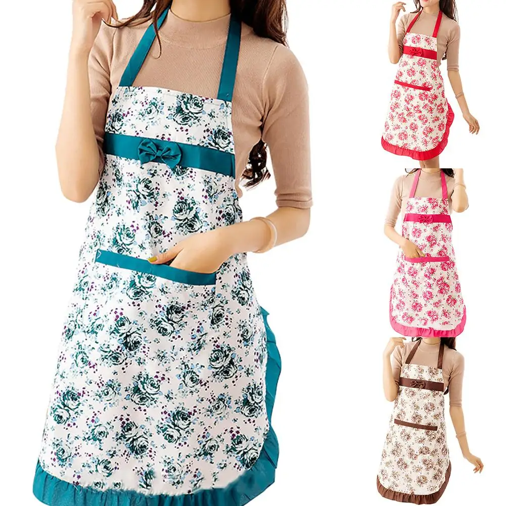 

HOT SALES！！！New Arrival Women Floral Bowknot Waterproof Kitchen Restaurant Cooking Pocket Dress Apron Wholesale Dropshipping